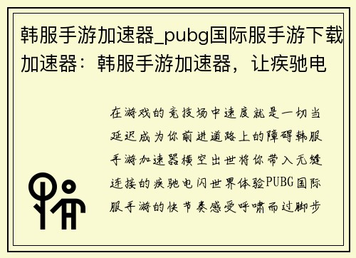 韩服手游加速器_pubg国际服手游下载加速器：韩服手游加速器，让疾驰电闪间尽享畅快游戏